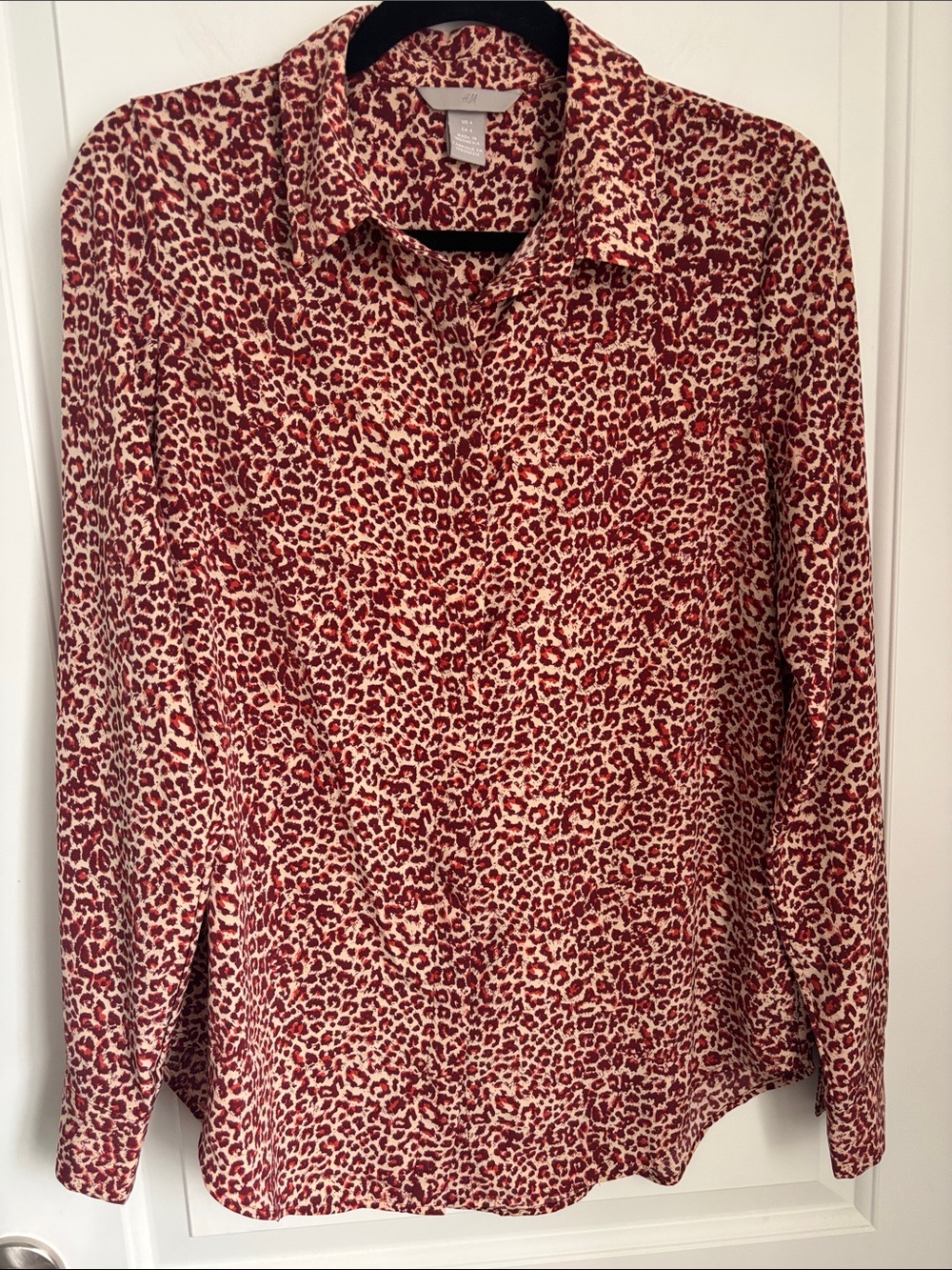 H&M Burgundy Leopard Print Button Front Blouse - Size 4